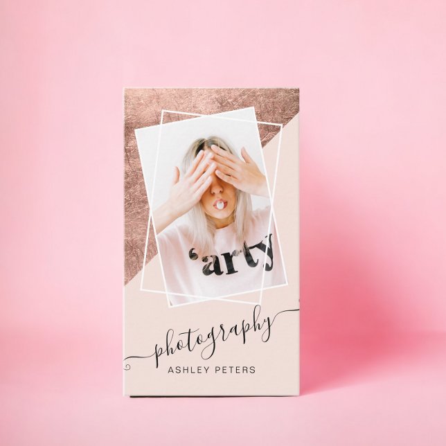 Tarjeta De Visita Moda fotografía escritura rosa rosa rosa rosa rosa (Chic photography blush pink rose gold script photo business card)