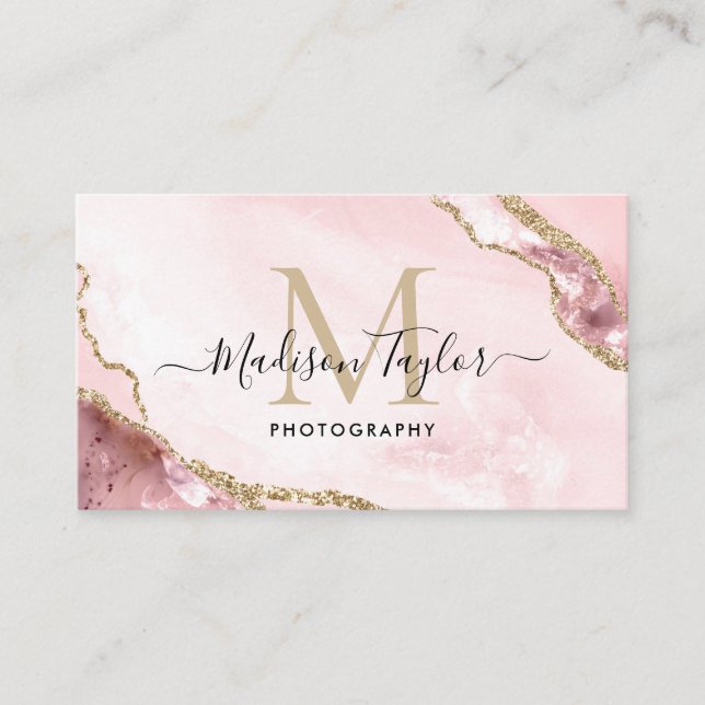 Tarjeta De Visita Moda Fotografía Purpurina de oro rosa Agate Monogr (Anverso)