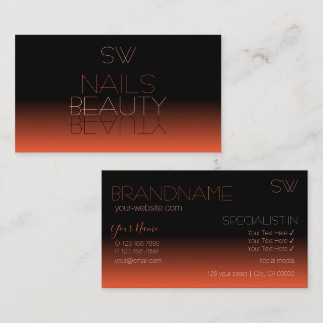 Tarjeta De Visita Moda Fuente de espejo negro y Naranja con monogram (Anverso / Reverso)