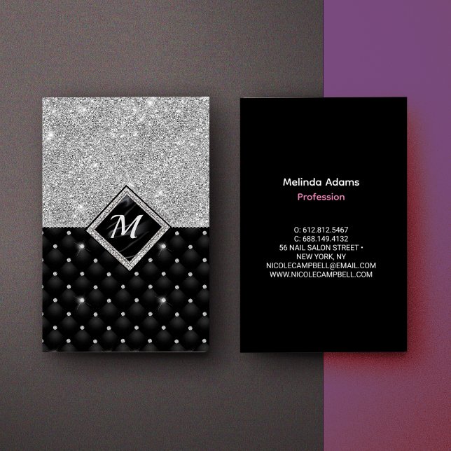 Tarjeta De Visita Moda girly faux purpurina plata negro monograma (Subido por el creador)