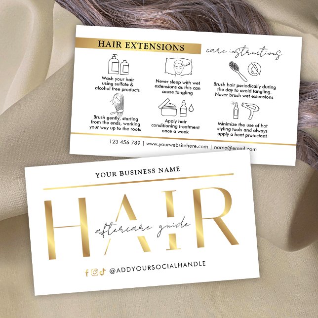 Tarjeta De Visita Moda Glam Extensiones de pelo dorado Instrucciones (Modern faux gold hair extensions aftercare cards with icons)