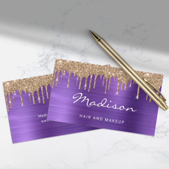 Tarjeta De Visita Moda Gold Purpurinas Drilist Stylist (Chic Gold Glitter Drips Stylist Business Card)