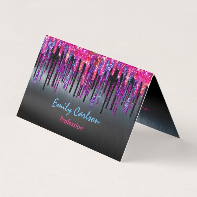 Tarjeta De Visita Moda goteo azul rosado caliente negro (Anverso)