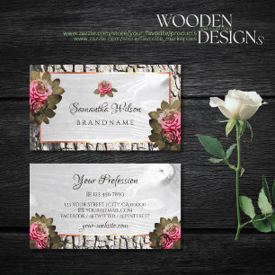 Tarjeta De Visita Moda Grano de madera blanca Roses rosados Corteza