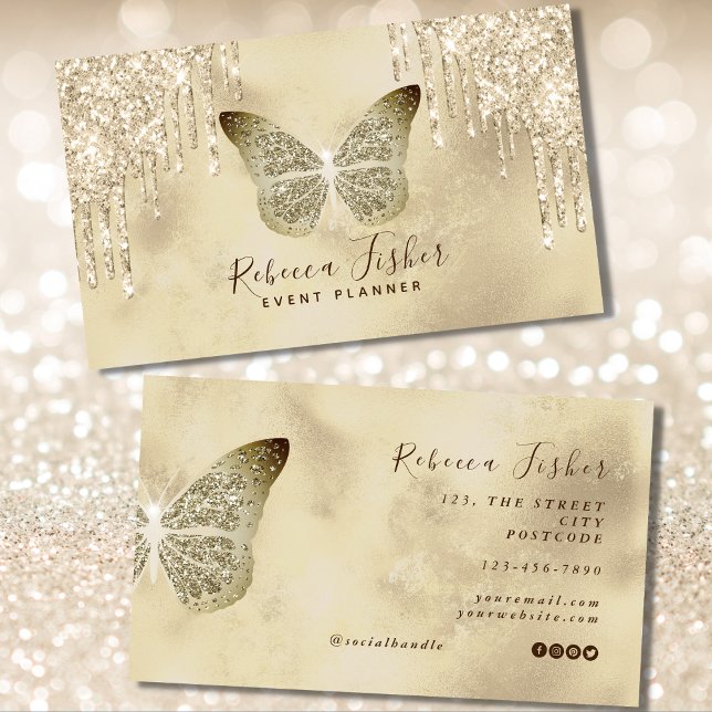 Tarjeta De Visita Moda Grunge Mariposa Rústica Marfil Oro Drin (grunge butterfly business cards)