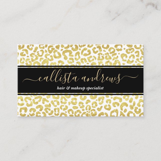 Tarjeta De Visita Moda Leopardo Blanco Oro Moderno Jaguar Cheetah    (Anverso)
