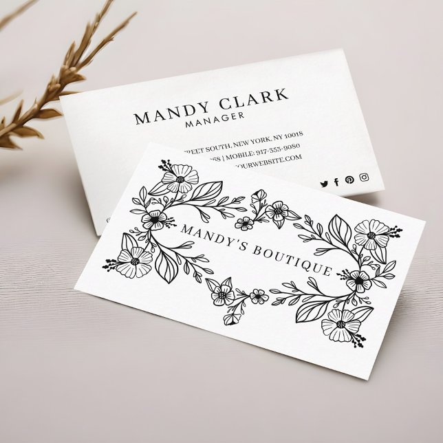 Tarjeta De Visita Moda Llanto Floral Botánica Floral Blanco y Negro (Chic Black & White Floral Botanical Floral Wreath Business Card)