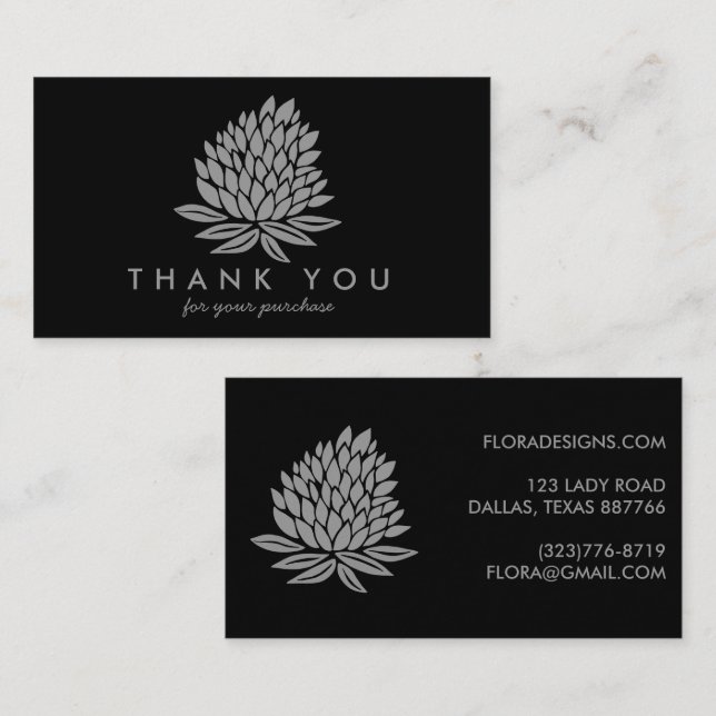 Tarjeta De Visita Moda Lotus Flores Black Gray Order Gracias (Anverso / Reverso)