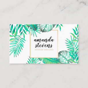 Tarjeta De Visita Moda marco dorado acuarela hojas verdes tropicales