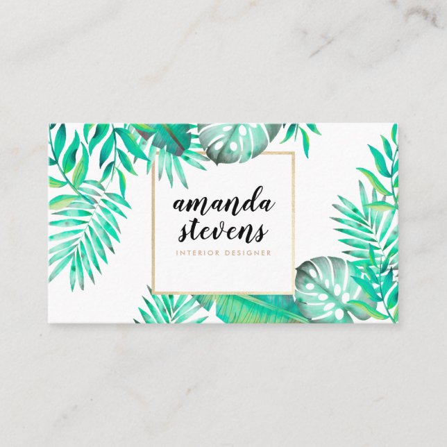 Tarjeta De Visita Moda marco dorado acuarela hojas verdes tropicales (Anverso)