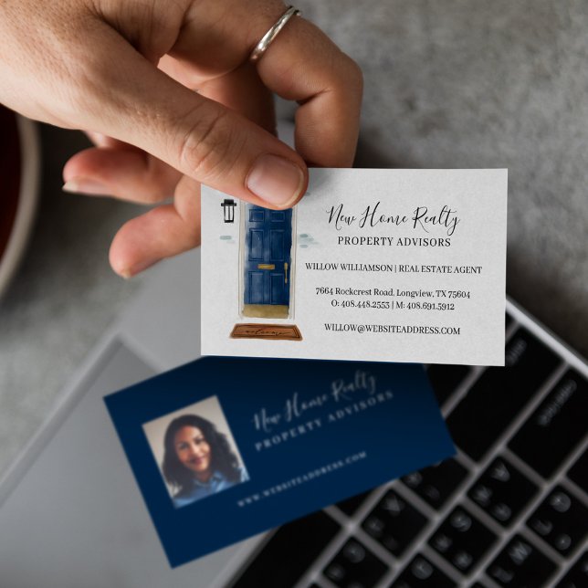 Tarjeta De Visita Moda Marina acuarela frente a la puerta Foto inmob (Chic Navy Watercolor Front Door Real Estate Photo Business Card)