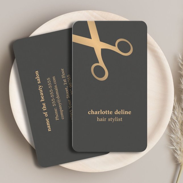 Tarjeta De Visita Moda mínima Gris Faux Gold Scisor Hair Stylist (Subido por el creador)
