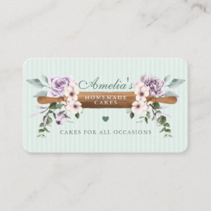 Tarjeta De Visita Moda Mint Floral Acuarela Panadería Rolling Pin
