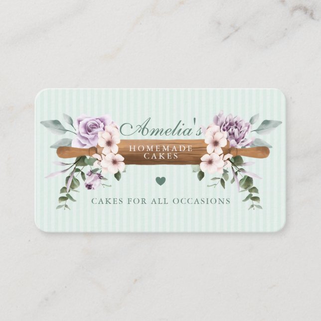 Tarjeta De Visita Moda Mint Floral Watercolor Panadería Rolling Pin (Anverso)