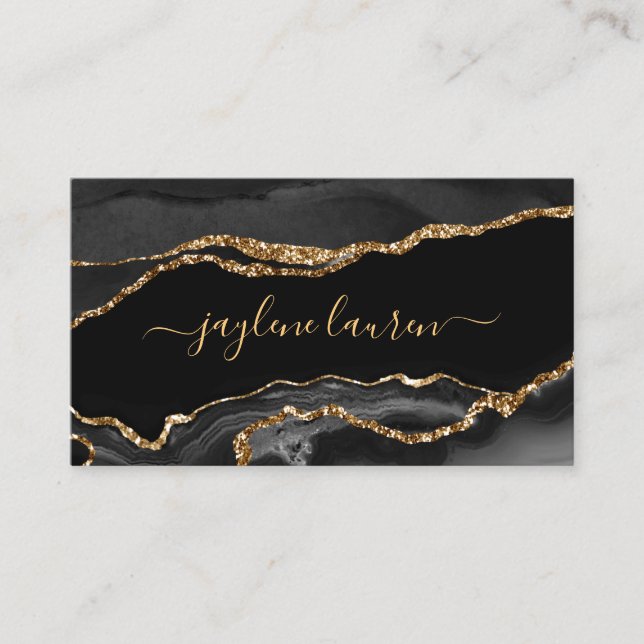Tarjeta De Visita Moda moderna Black Gold Faux Agate Marble (Anverso)