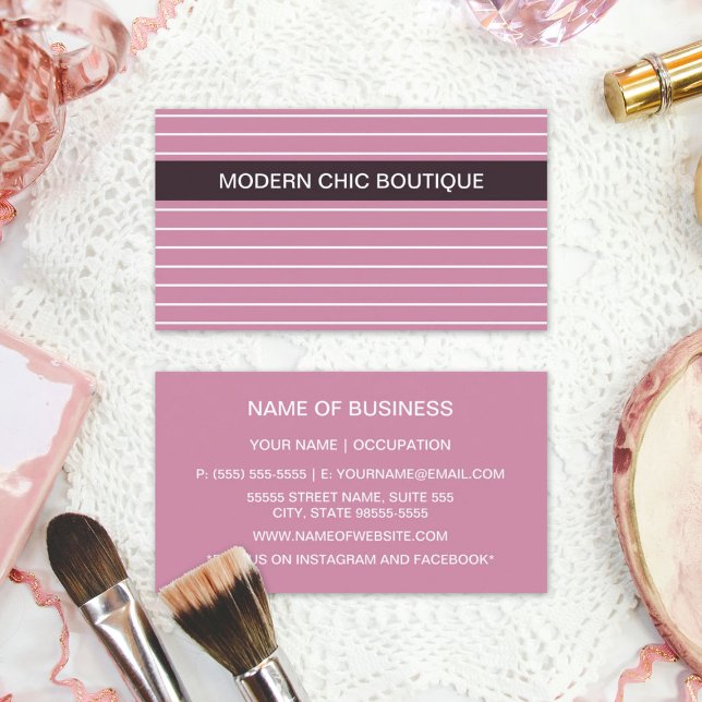 Tarjeta De Visita Moda moderna estribos rosados finos boutique de mo (Modern Chic Thin Pink Stripes Fashion Boutique Business Cards)