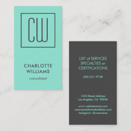 Tarjeta De Visita Moda Moderna Plaza Turquesa Monograma Elegante