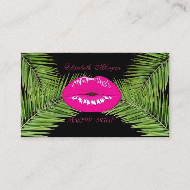 Tarjeta De Visita Moda moderna y elegante, hojas de palmera, labios (Anverso)