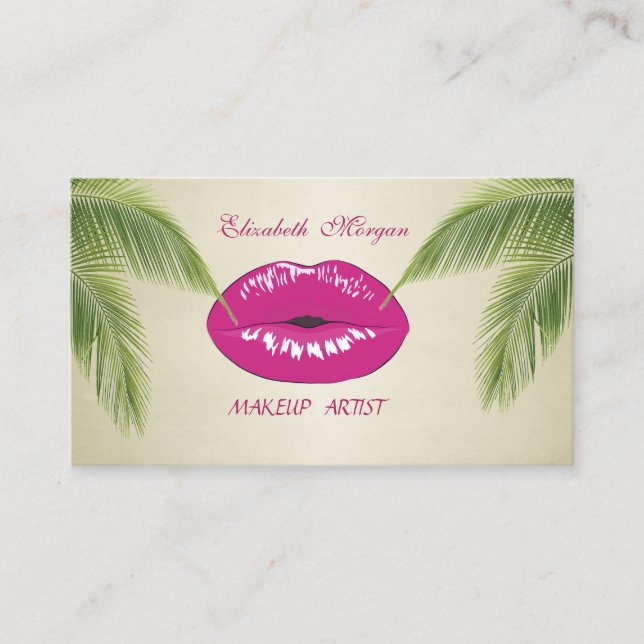 Tarjeta De Visita Moda moderna y elegante, hojas de palmera, labios (Anverso)