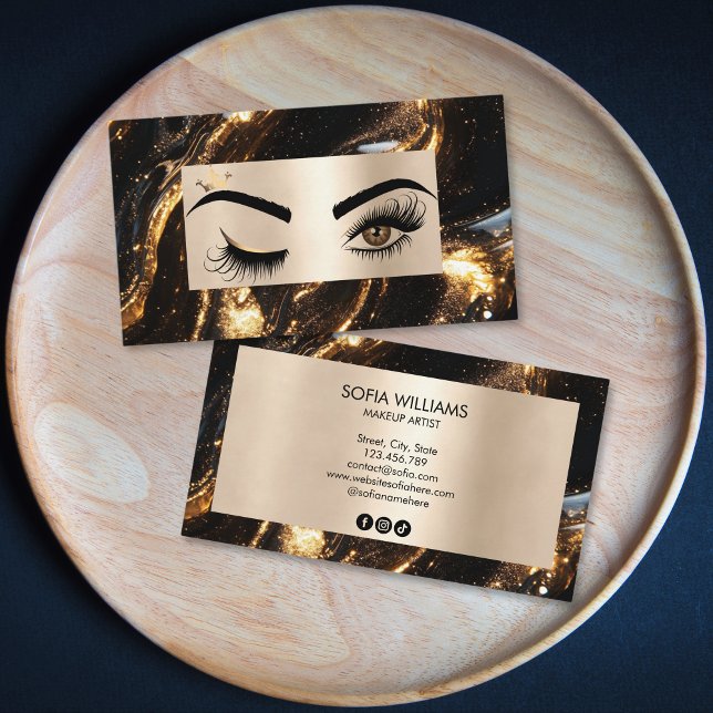 Tarjeta De Visita Moda Moderno Maquillaje Oro Ojos Salón De Belleza  (liquid gold and wink eyes makeup artist business card)