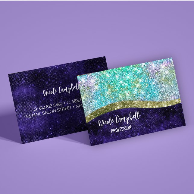Tarjeta De Visita Moda monograma purpurina iridiscente azul morado (Subido por el creador)