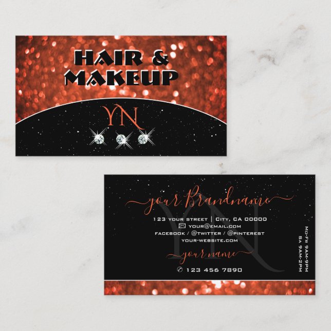 Tarjeta De Visita Moda Naranja Salmón Negro Purpurina Espuma Monogra (Anverso / Reverso)