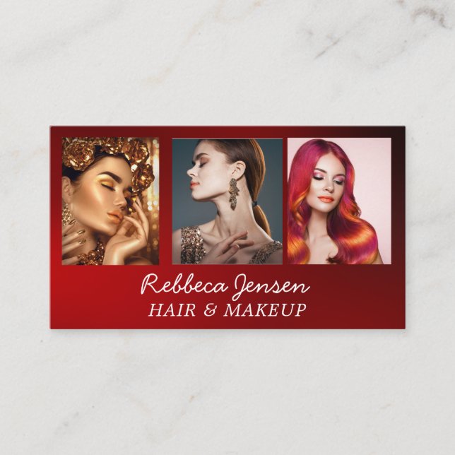 Tarjeta De Visita Moda Negro y Rojo 3 fotos Belleza del código Qr (Anverso)