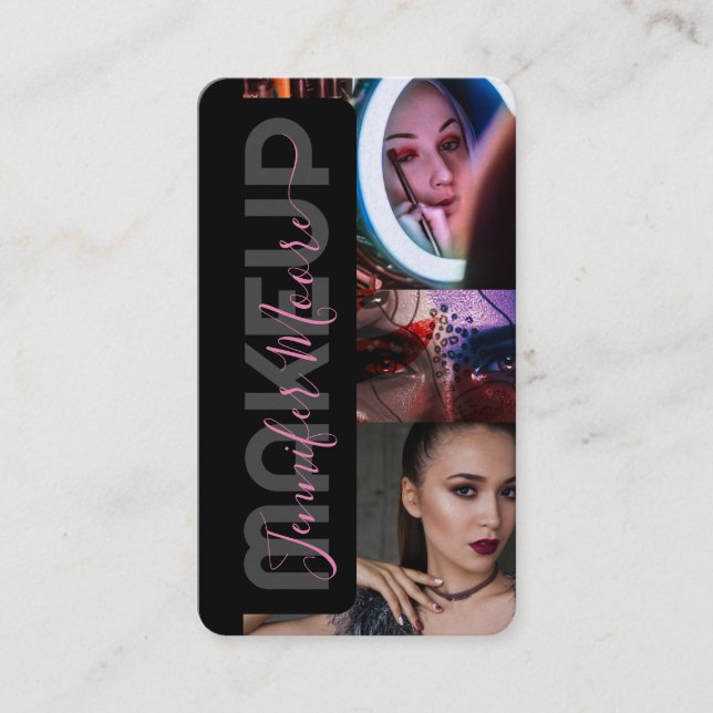 Tarjeta De Visita Moda Negro y Rosa 3 Fotos Código Qr Belleza (Anverso)