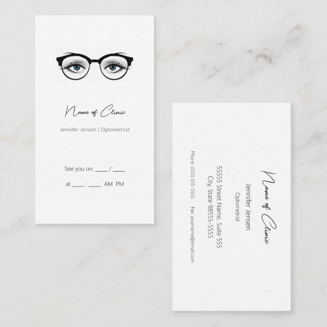 Tarjeta De Visita Moda Optometrist Blue Eyes Glasses Nombramiento (Anverso / Reverso)