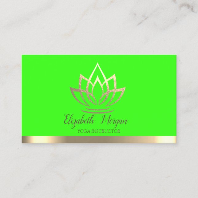 Tarjeta De Visita Moda Oro Lotus Flor Yoga Instructor Neón Verde (Anverso)