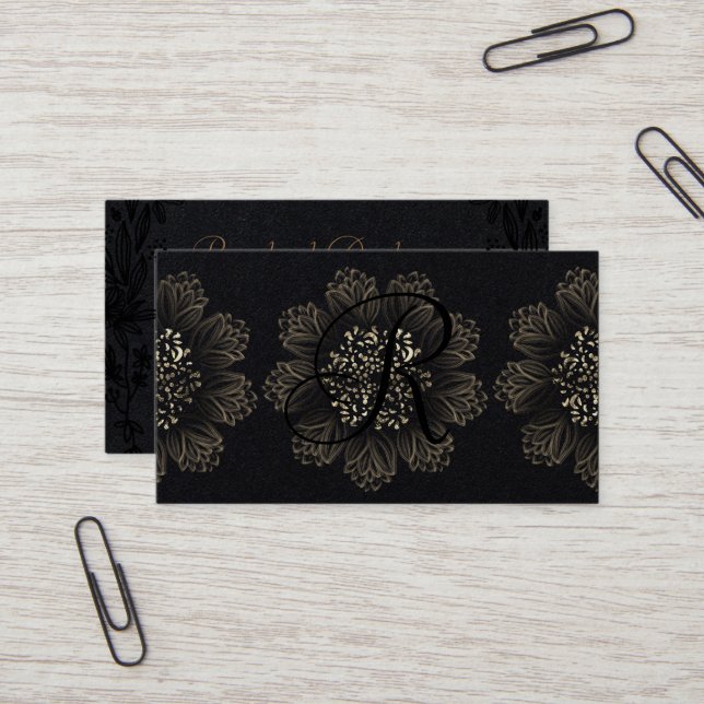 Tarjeta De Visita Moda Oro Ornamental Botánico y Negro Premium (Anverso/Reverso In Situ)
