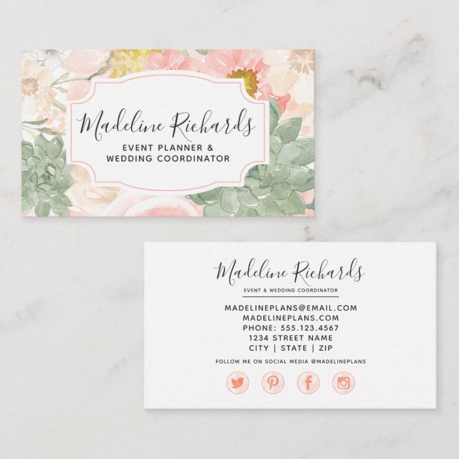 Tarjeta De Visita Moda Peach Mint Suculenta con iconos de medios soc (Anverso / Reverso)