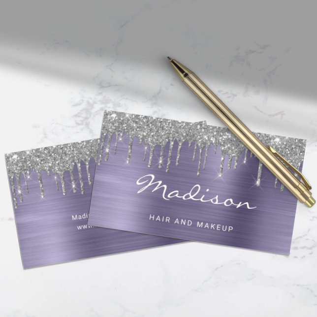 Tarjeta De Visita Moda Plata Purpurina Drilist Stylist (Chic Silver Glitter Drips Stylist Business Card)