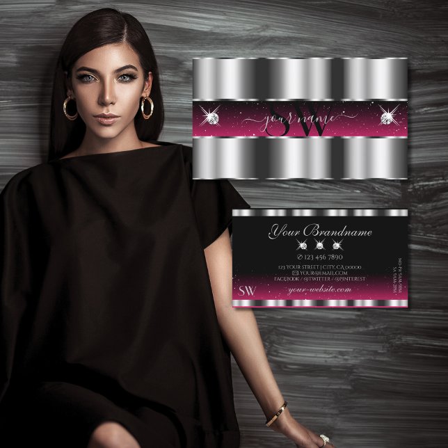 Tarjeta De Visita Moda Plata Rosa Negro Esparcen Diamantes Iniciales (Subido por el creador)