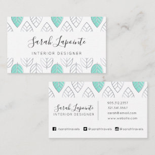 Tarjeta De Visita Moda plateada y turquesa y patrón de hojas moderna
