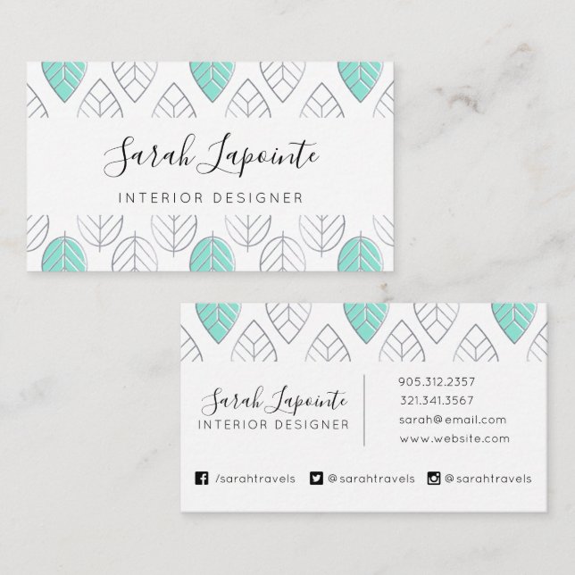 Tarjeta De Visita Moda plateada y turquesa y patrón de hojas moderna (Anverso / Reverso)