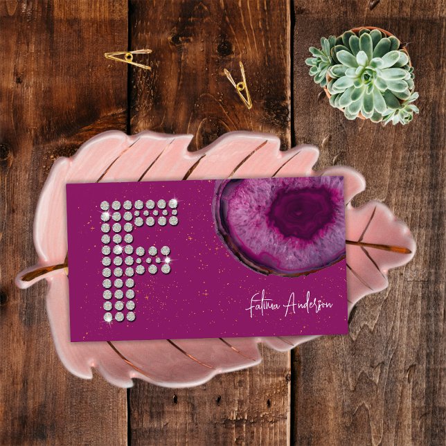 Tarjeta De Visita Moda Pluma De Diamante Agate Letra Inicial F Monog (Front)