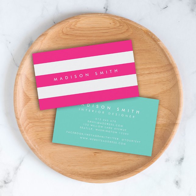 Tarjeta De Visita Moda Preppy Rayas rosadas y blancas con trazo turq (Subido por el creador)