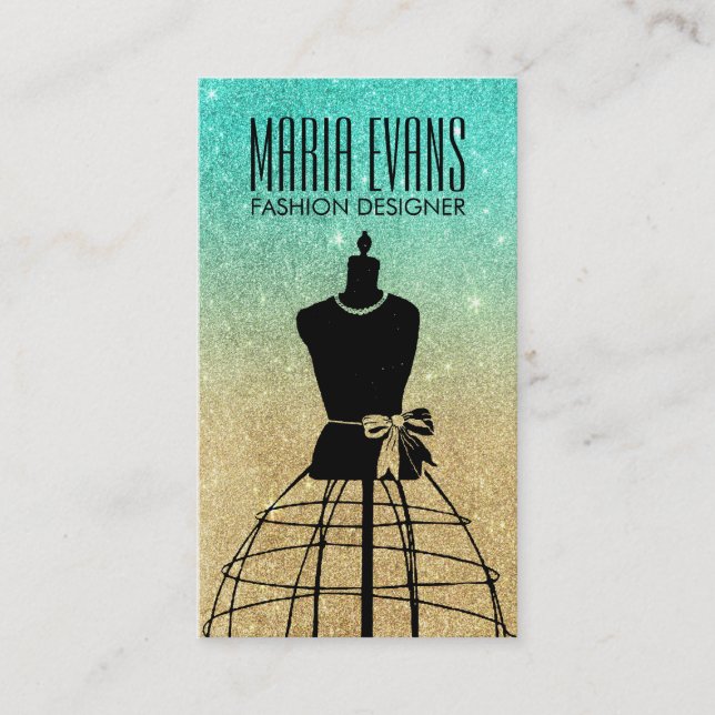 Tarjeta De Visita Moda purpurina de mannequina negra dorada Aqua (Anverso)