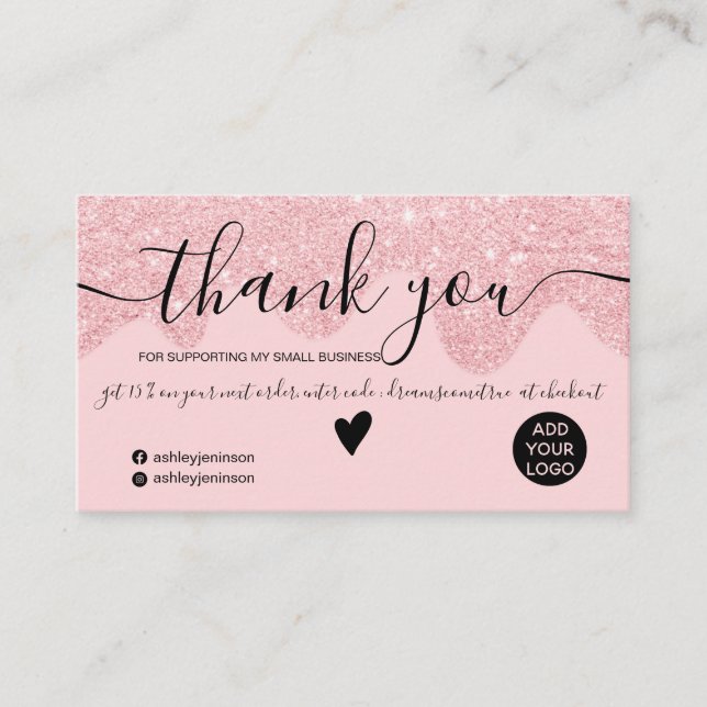 Tarjeta De Visita Moda purpurina rosa goteo orden de sondeo gracias (Anverso)