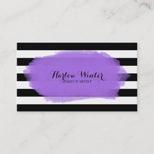 Tarjeta De Visita Moda raya negro morado artista de maquillaje blanc (Anverso)