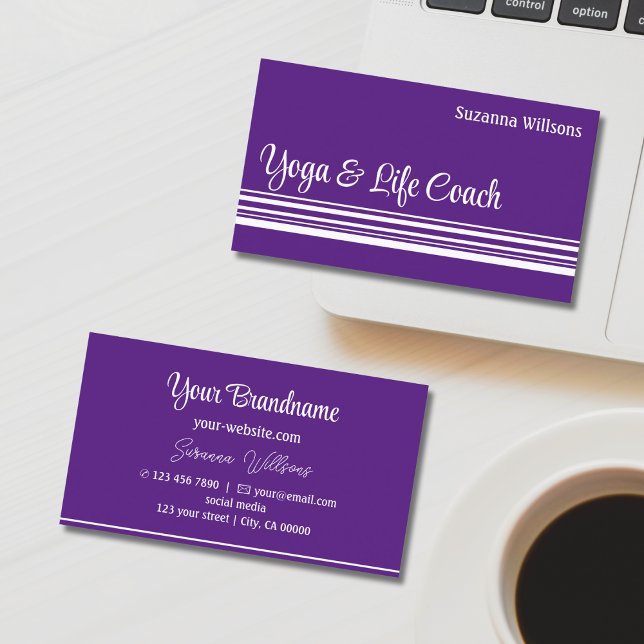 Tarjeta De Visita Moda Rayas moradas y blancas estilo profesional (Subido por el creador)