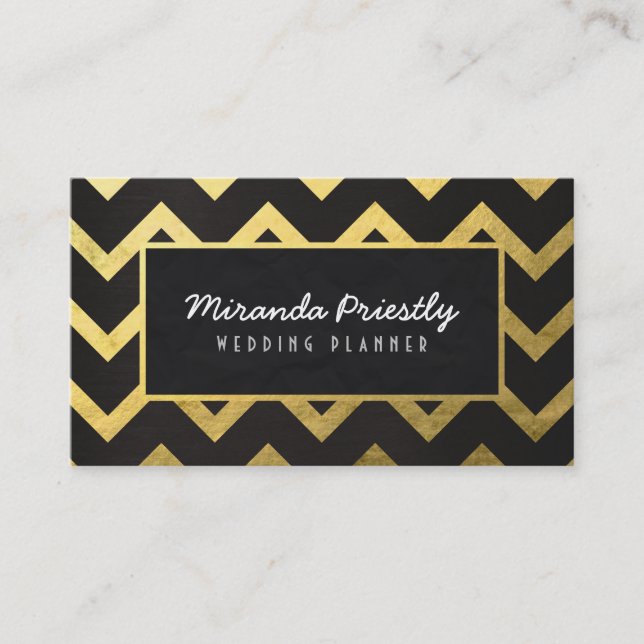 Tarjeta De Visita Moda Relieve metalizado dorado negro Chevron Wave  (Anverso)
