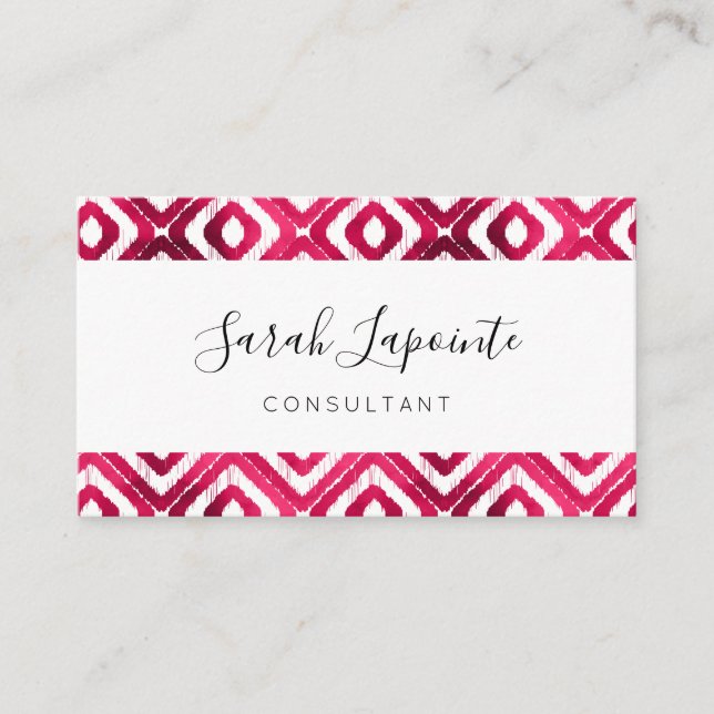 Tarjeta De Visita Moda Roja Ruby y elegante patrón de Ikat (Anverso)
