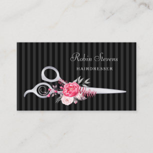 Tarjeta De Visita Moda Rojo Floral Hairdresser Faux Silver Scisors