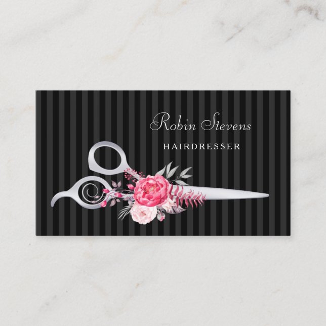 Tarjeta De Visita Moda Rojo Floral Hairdresser Faux Silver Scisors (Anverso)