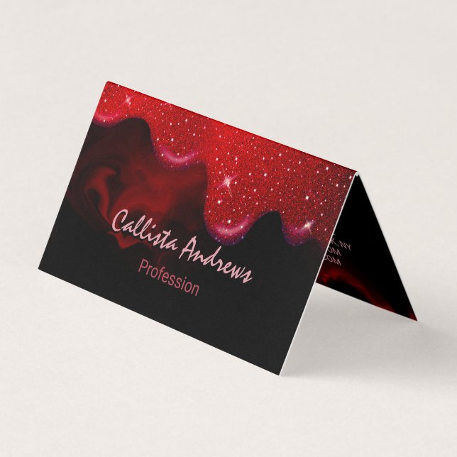 Tarjeta De Visita Moda rojo negro goteo mármol purpurina (Anverso)