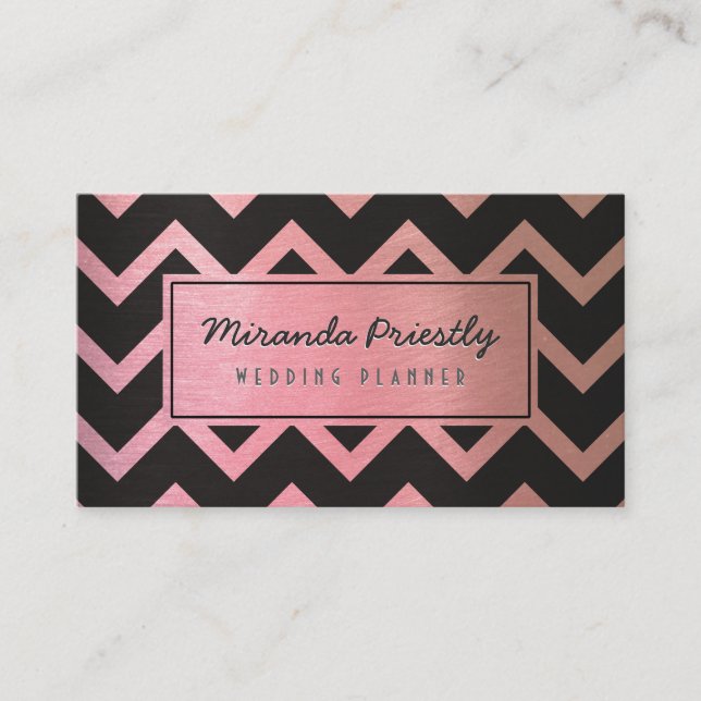 Tarjeta De Visita Moda Rosa Negro Oro Chevron Wave Stripes Patrón (Anverso)