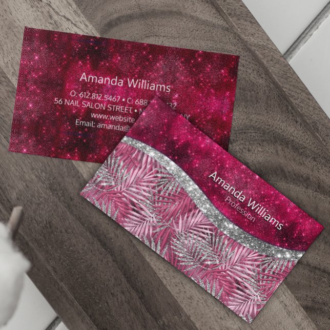 Tarjeta De Visita Moda rubor rosa fucsia purpurina hojas monograma (Subido por el creador)