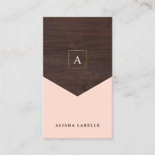 Tarjeta De Visita Moda Rubor rosa, madera oscura y monograma estilo 